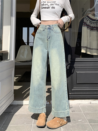 Real shot of jeans for women, spring design white pants, loose straight wide-leg pants, slimming high-waisted pants