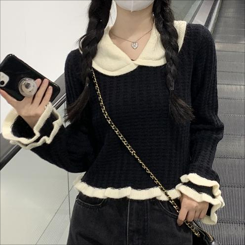 新款秋冬娃娃領打底針織衫女撞色木耳邊內搭長袖短款上衣女