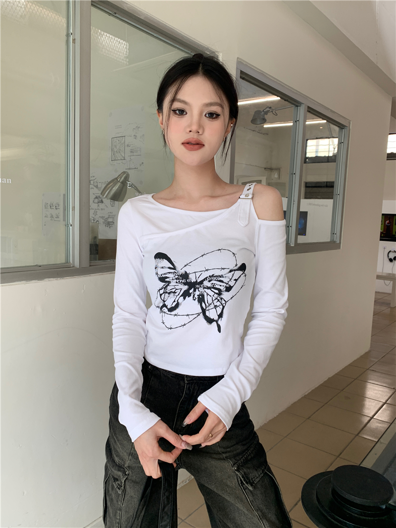 實拍 設計感露肩蝴蝶印花長袖t恤