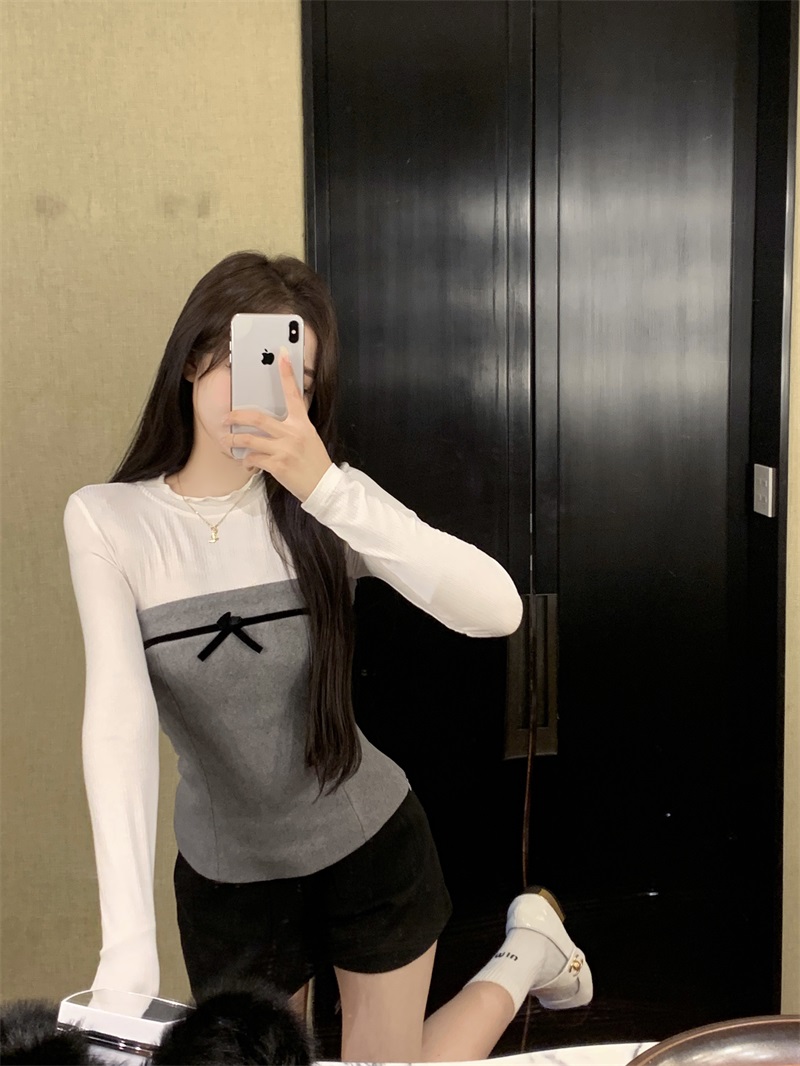 Real shot of Miss Dorothy's lace collar spliced ​​woolen material slim fit tube top fake two-piece top