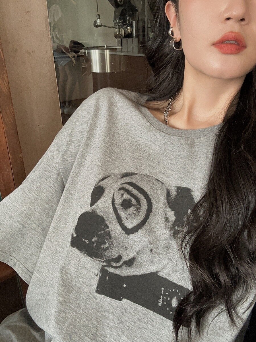 純棉小眾趣項圈小狗印花休閒百搭寬鬆潮流時尚短袖T恤女