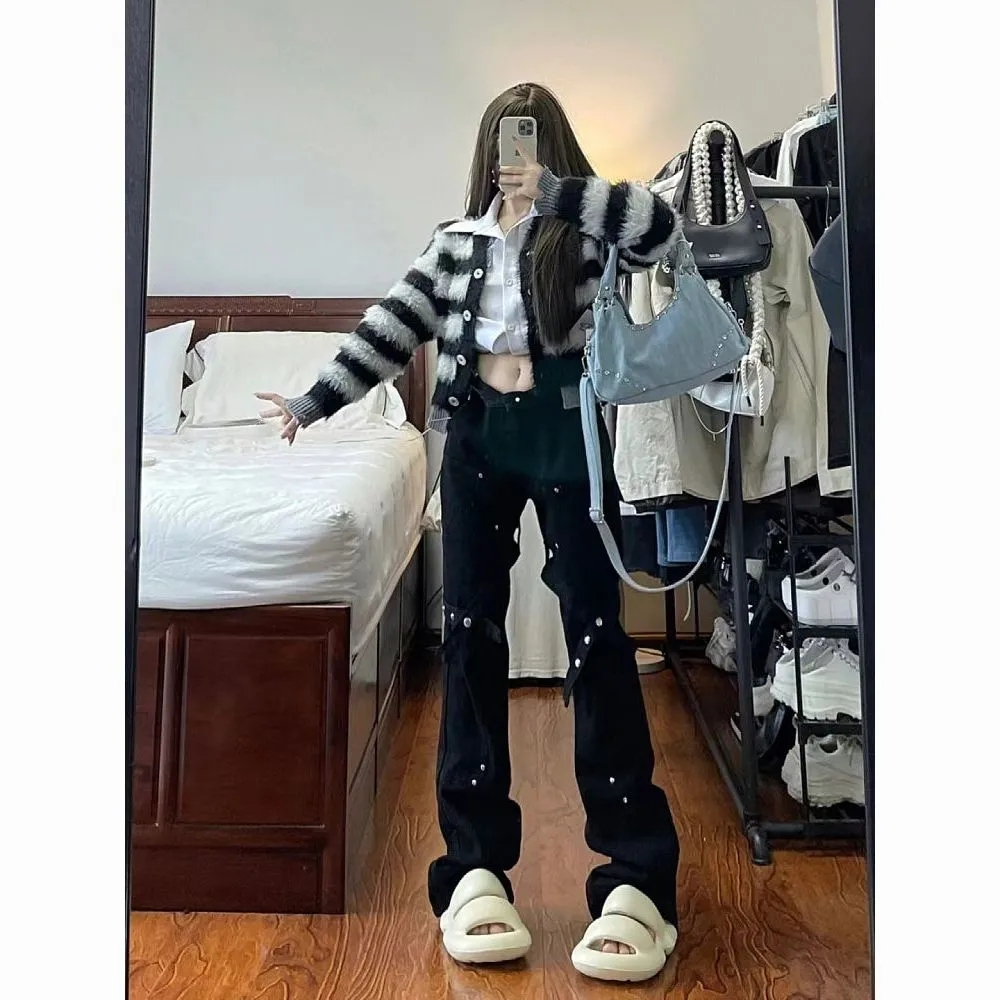 歐美式高街頭vibe風寬鬆款綁帶牛仔褲子女ins潮設計感黑色直筒褲