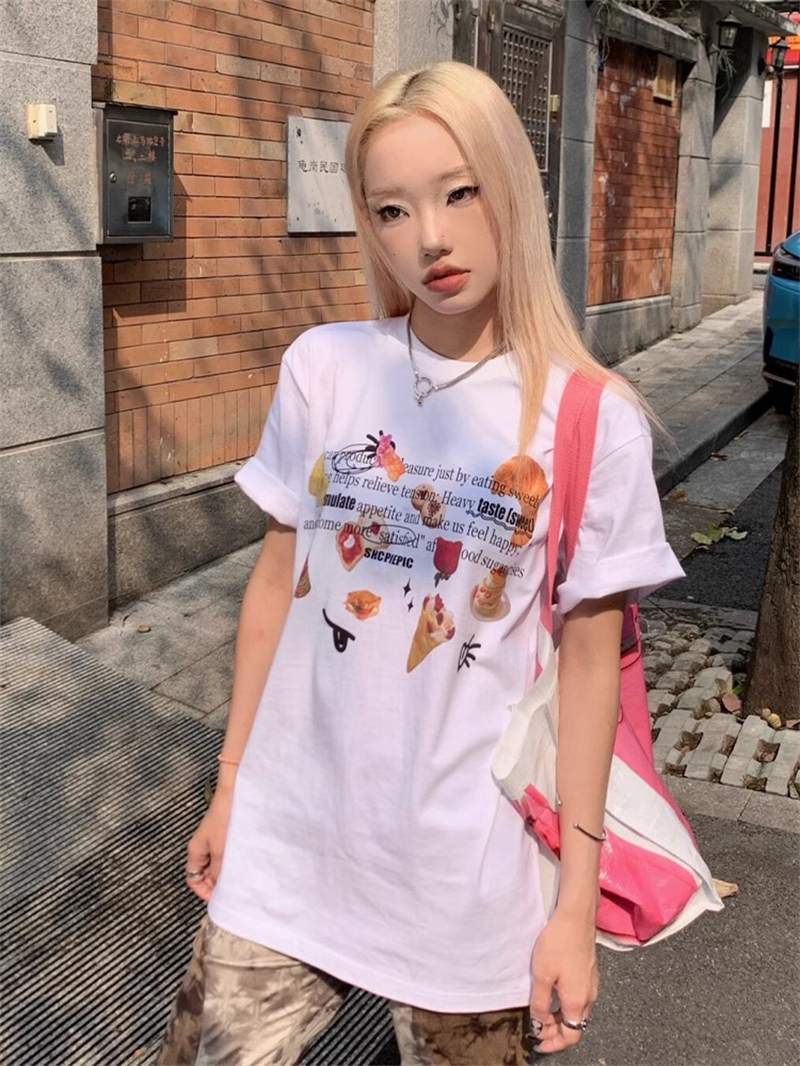 220克精梳緊密賽洛甜美風寬鬆卡通食物印花短袖T恤