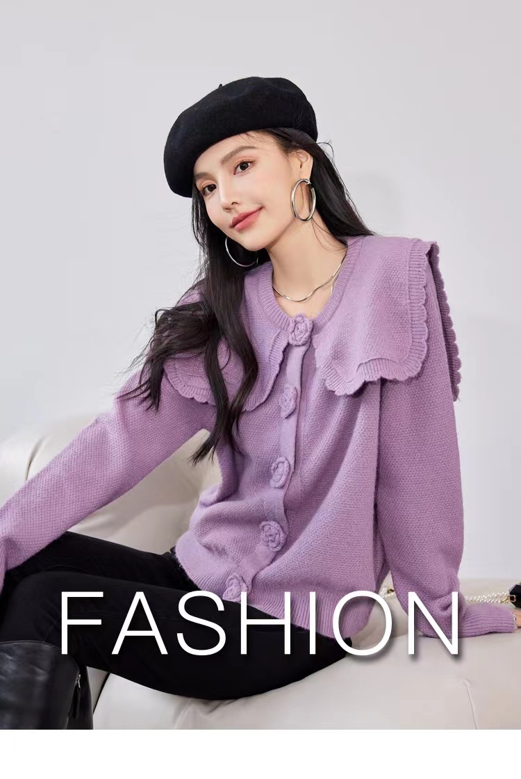 Doll collar handmade flower temperament knitted jacket lazy style sweater women's autumn and winter sweet purple top for little people