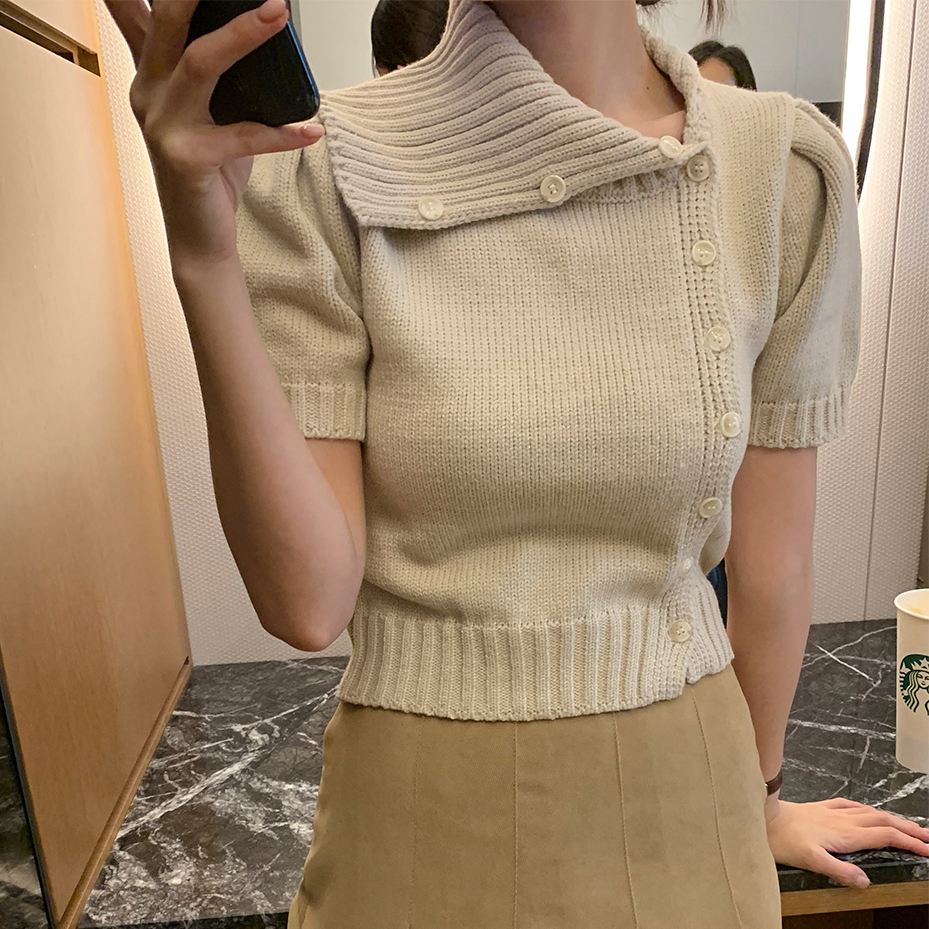 Niche Irregular Lapel Knitted Short Sleeve Top