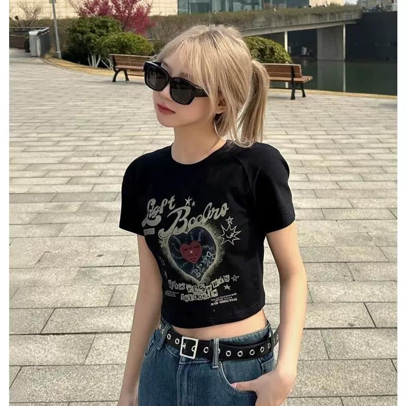 92棉/8氨綸短袖T恤女2024年夏季新款設計感字母韓版修身半袖上衣