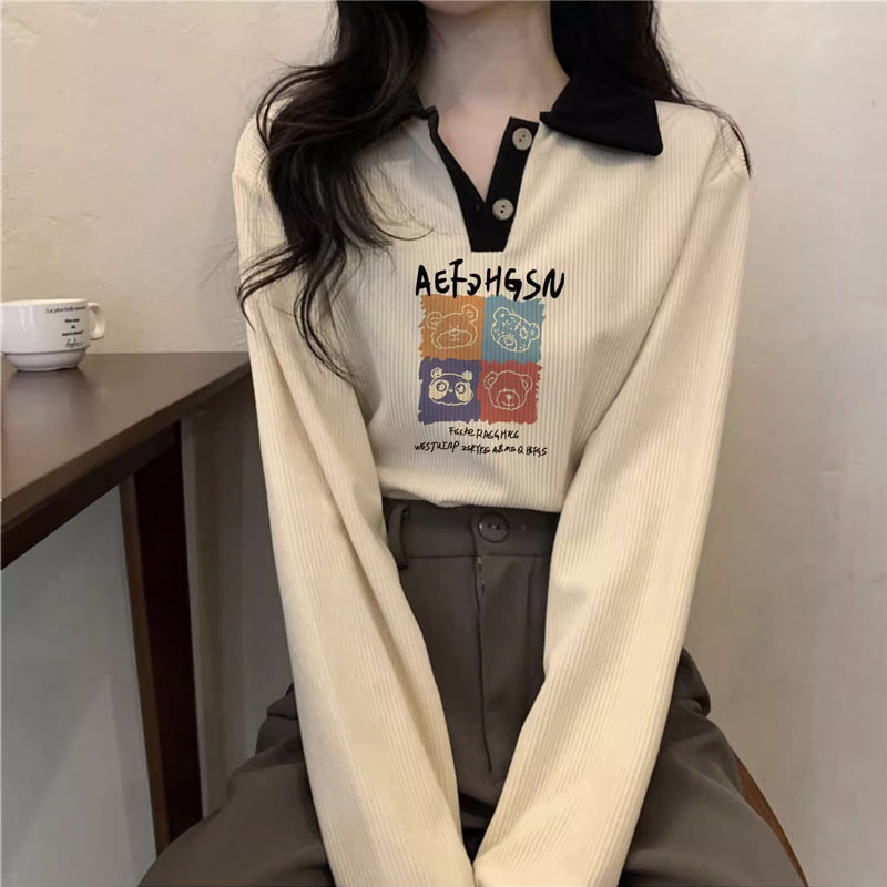 Snakeboy 2024 Contrast Color Polo Neck Right Shoulder Long Sleeve T-Shirt Girly Lazy Style Half Open Collar Bottoming Shirt
