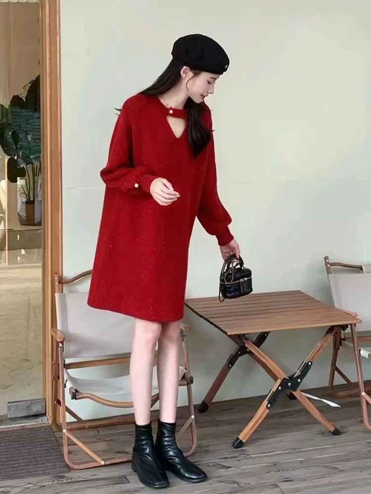 法式新年戰袍拜年紅色針織本命年喜慶內搭毛衣連衣裙子女裝秋冬季