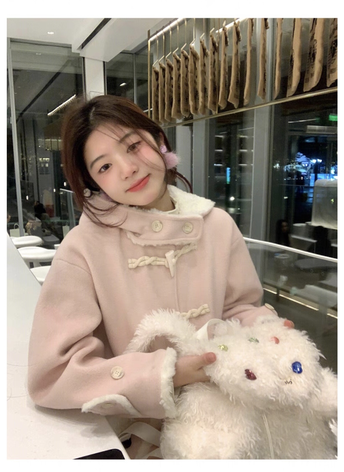 2024 Korean high-end pink long nylon coat for women with cuffs, hood, pockets and sherpa jacket