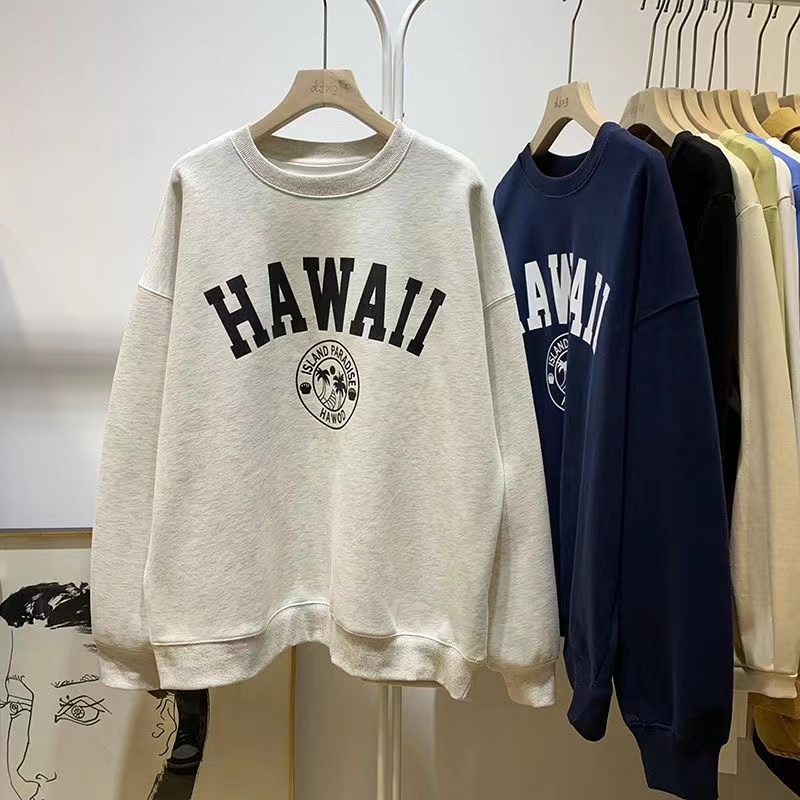 秋冬季韓版簡約大氣字母印花圓領套頭落肩長袖衛衣女寬鬆套頭上衣