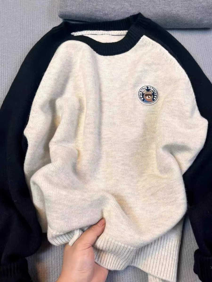 撞色情侶裝毛衣男女春款慵懶寬鬆韓系插肩內搭打底衫針織衫上衣