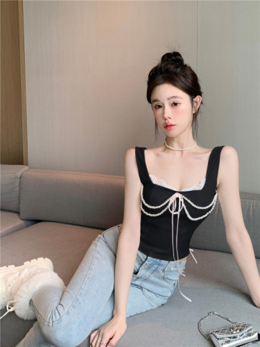 Real shot of French pure lust lace stitching pearl camisole women's strappy waist slimming bottoming top