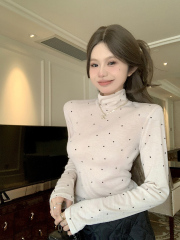 Real shot!  French polka-dot slim-fitting slightly see-through long-sleeved top for women spring Korean style high collar pure lust bottoming shirt 2396