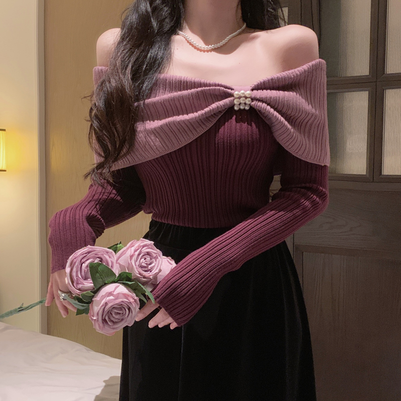 小香風一字肩蝴蝶結毛衣女春秋氣質法式露肩上衣針織衫打底