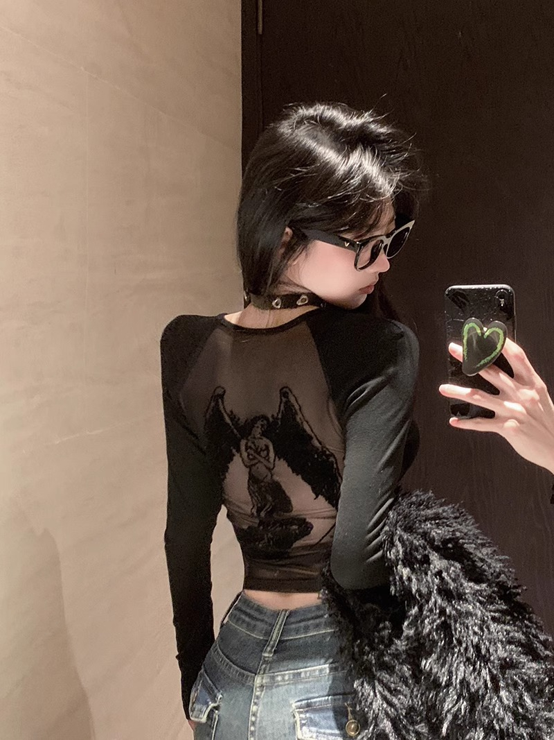 質量 純欲甜辣妹性感露背上衣女長袖t恤顯身材蕾絲打底衫內搭