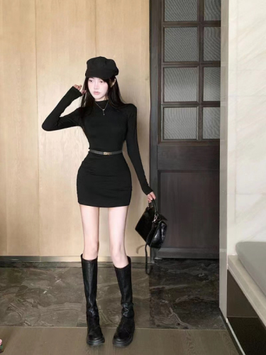 Black hottie pure lust style long-sleeved slim hip-covering dress for women autumn and winter new bottoming tight slimming short skirt