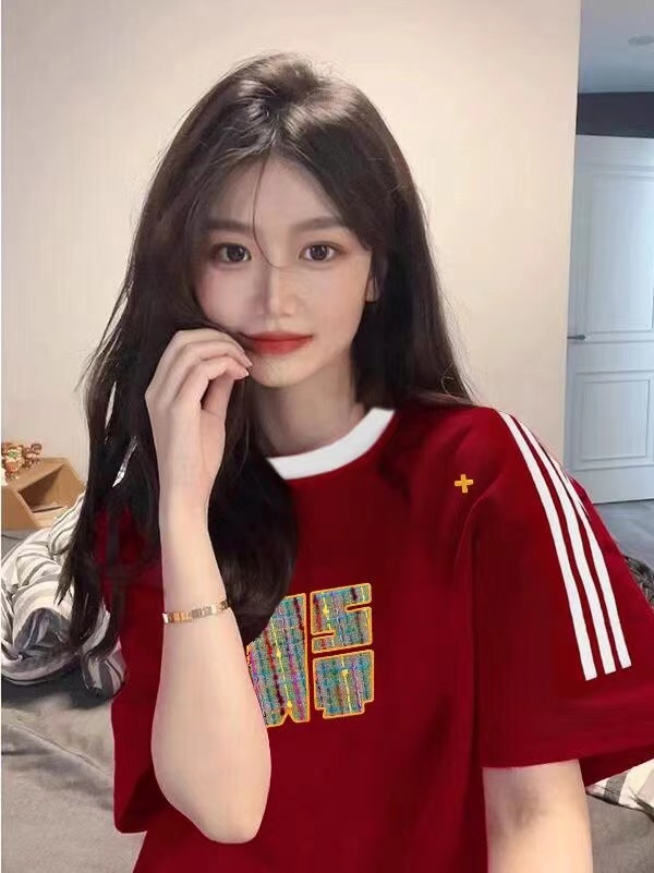 2024春夏韓版新款300克純棉短袖上衣女圓領印花寬鬆百搭正肩T恤