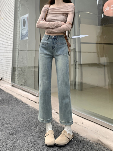 Actual shot of early spring new style high-waisted slimming high-elastic design small cigarette pants women's white jeans