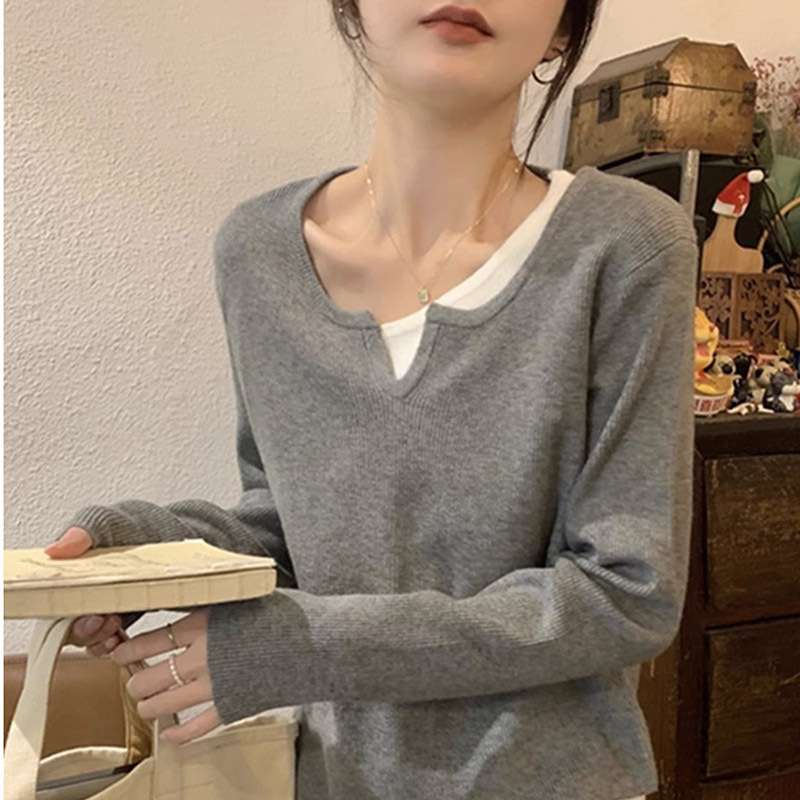 天貓品質假兩件針織衫毛衣女打底衫法式露鎖骨別致如軟糯內搭