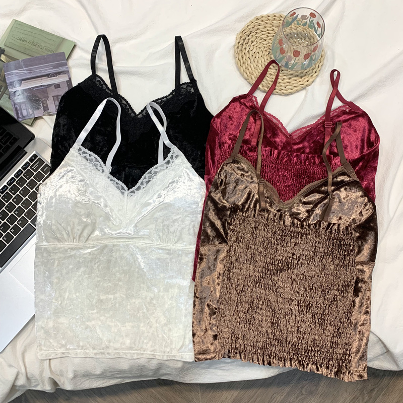實拍蕾絲v領金絲絨吊帶背心女純欲辣妹抹胸上衣帶胸墊打底衫內搭