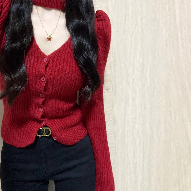 New Year's Red V-neck Sweater Women's Autumn and Winter New Knitted Cardigan Chic and Beautiful Slim Top
