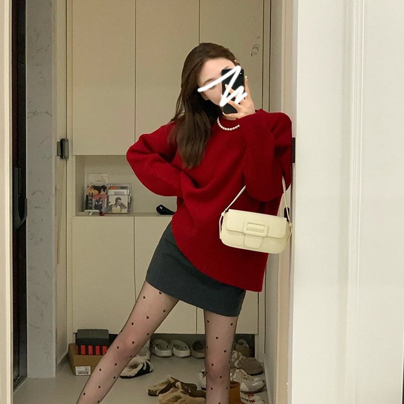 慵懶風圓領套頭聖誕紅色毛衣女秋冬季新款本命年新年針織上衣