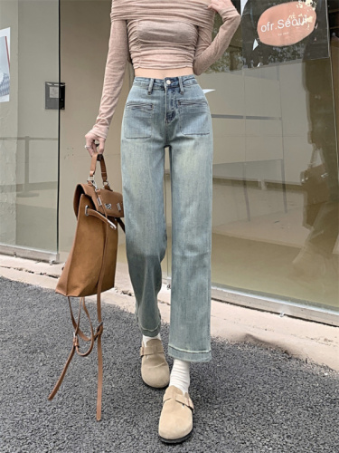 Actual shot of early spring new style high-waisted slimming high-elastic design small cigarette pants women's white jeans