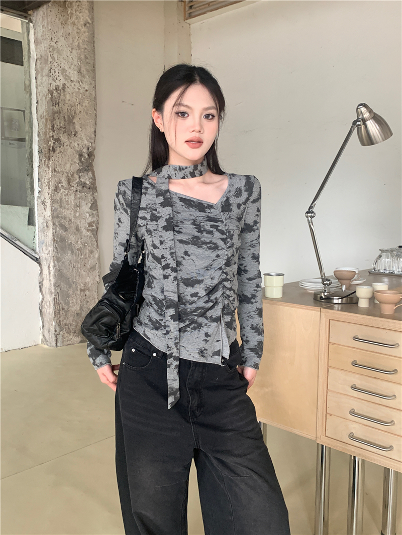 實拍 扎染不規則印花掛脖短款長袖上衣