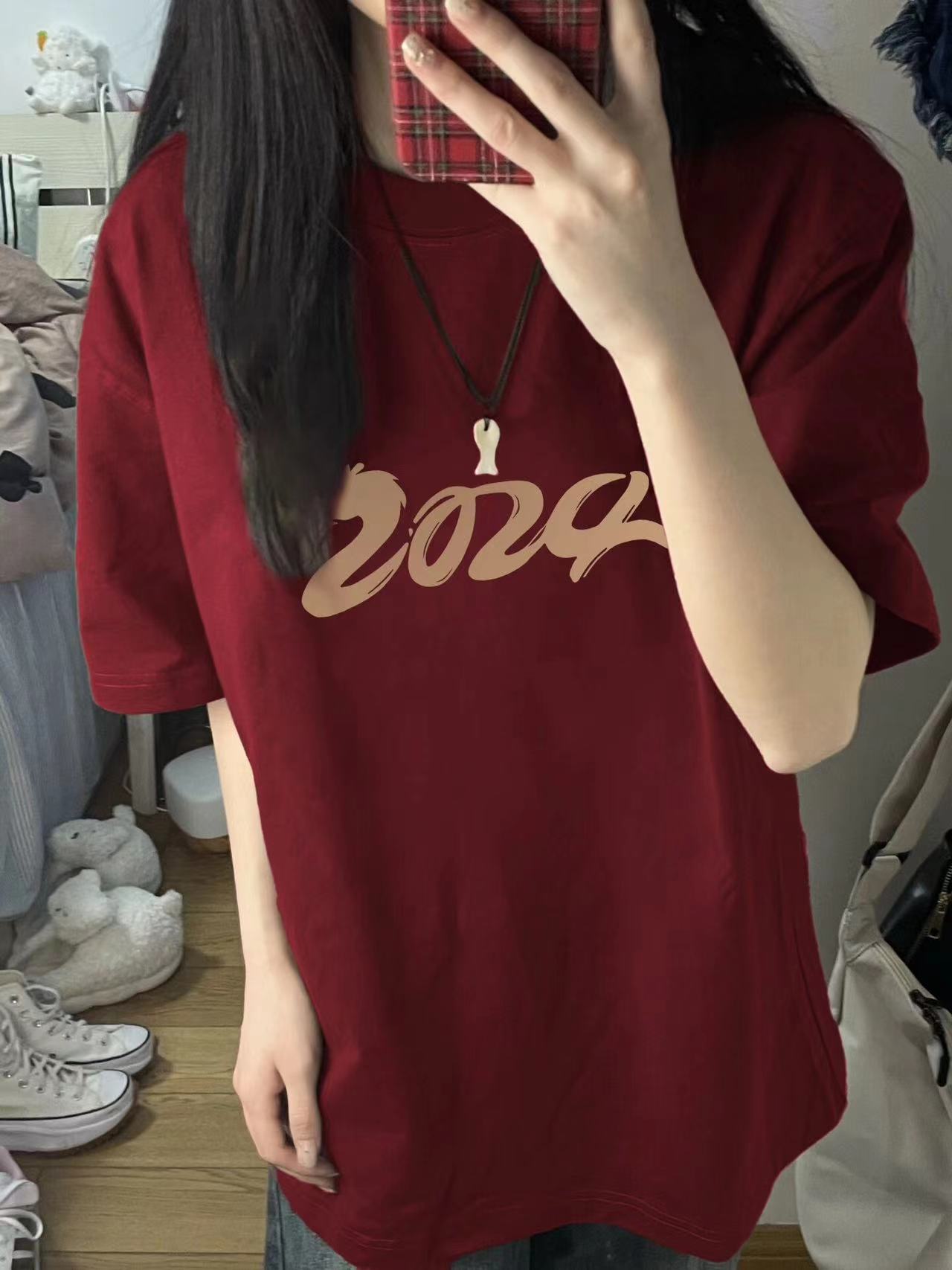 2024春夏韓版新款200克純棉短袖上衣女圓領印花寬鬆百搭T恤