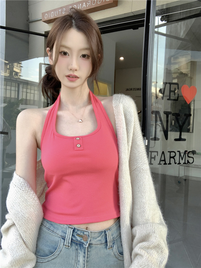 實拍~2024早春新款掛脖吊帶背心外穿百搭辣妹無袖打底衣