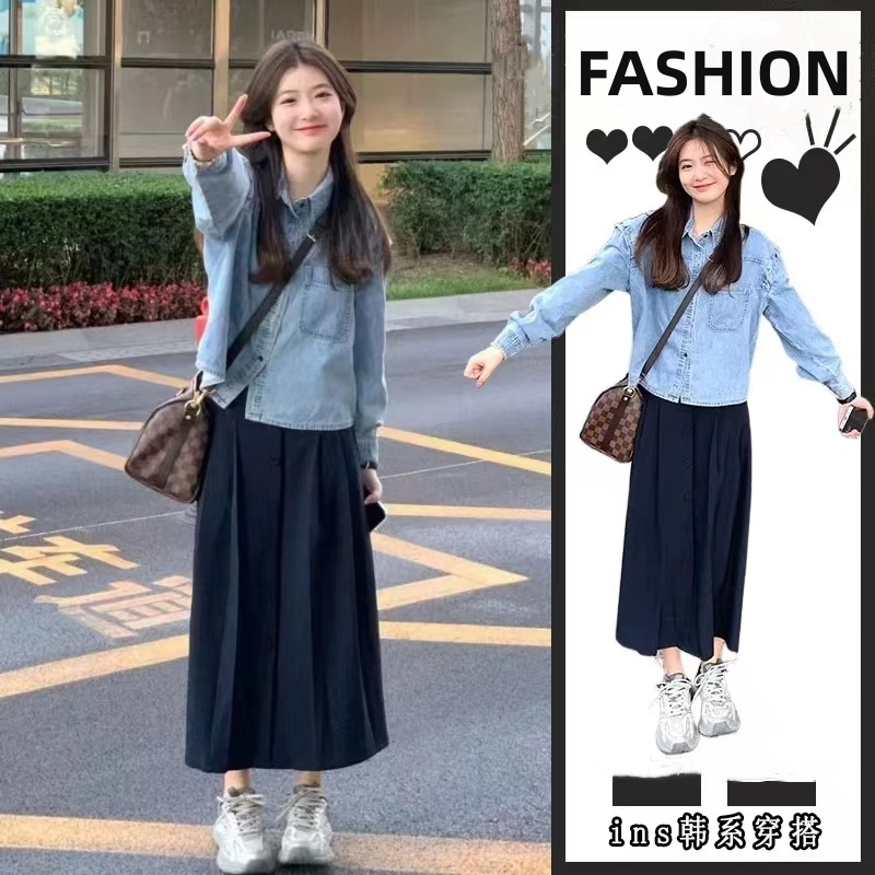 韓系小個子茶里茶氣套裝早春牛仔襯衫搭半身裙學院風氣質兩件套女