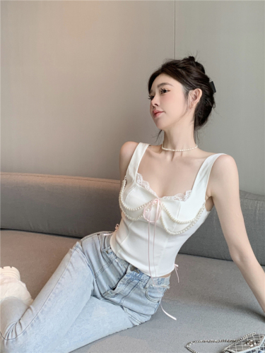 Real shot of French pure lust lace stitching pearl camisole women's strappy waist slimming bottoming top
