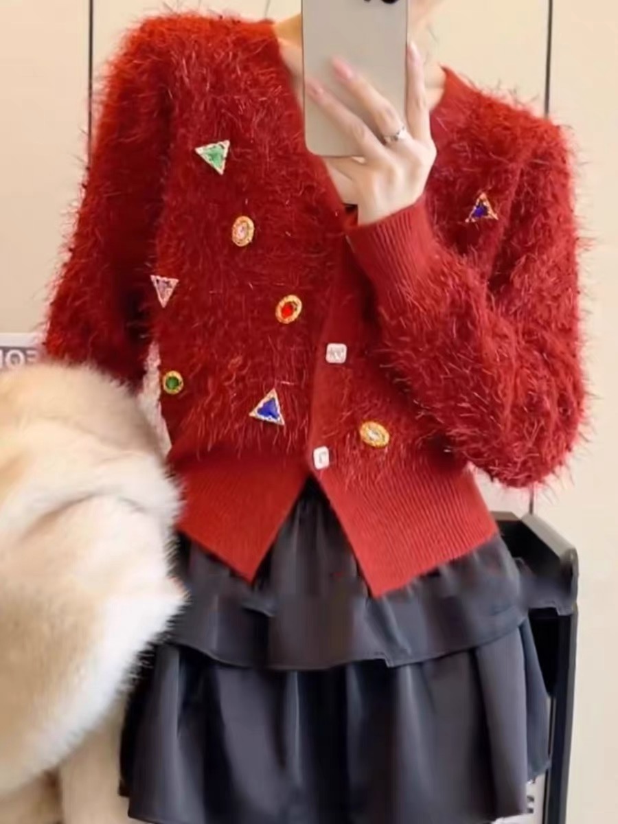 Red v-neck beaded knitted cardigan for autumn and winter new women's furry and lazy style with niche sweater jacket