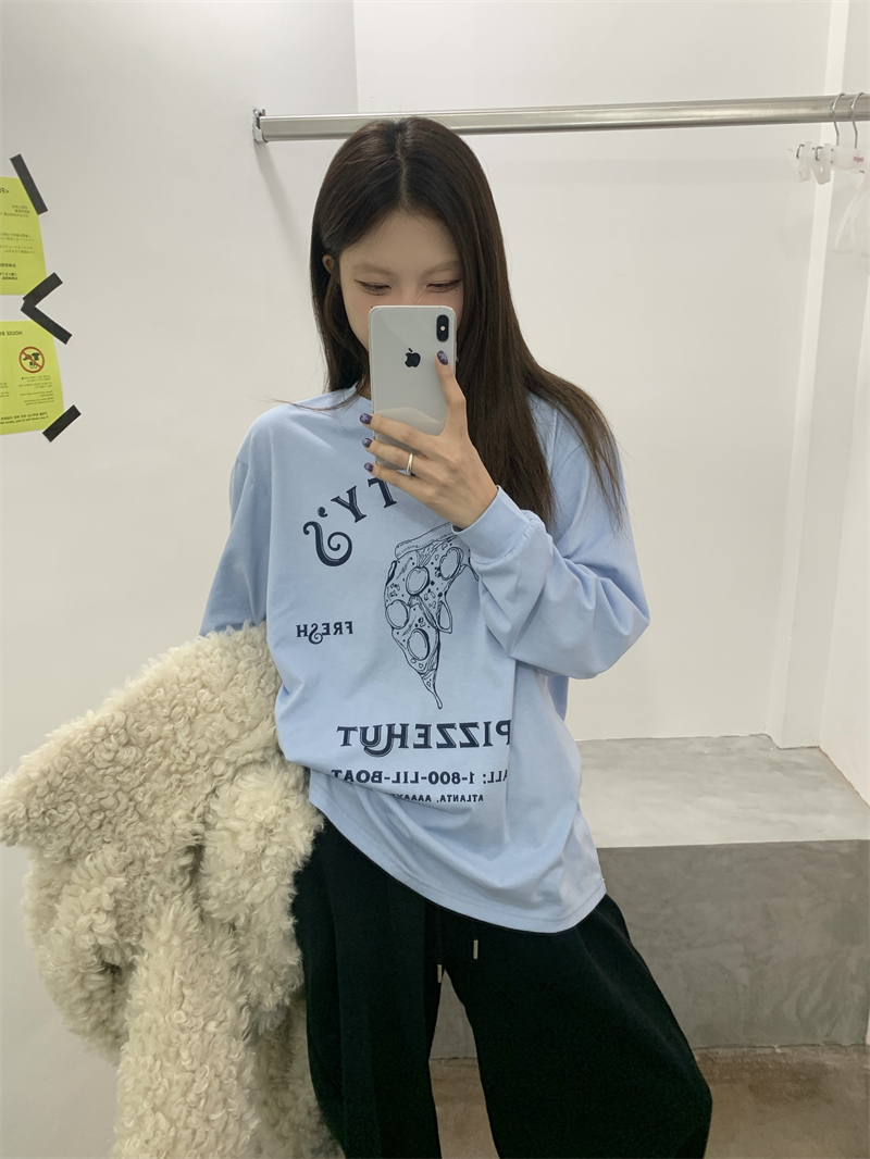 實拍  早春50030印花短袖寬鬆韓系百搭上衣+50031長袖印花打底t恤