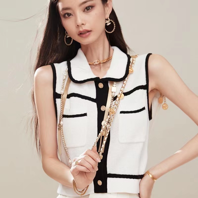 小香風針織衫女夏季短款無袖辣妹背心法式復古撞色拼接polo領上衣