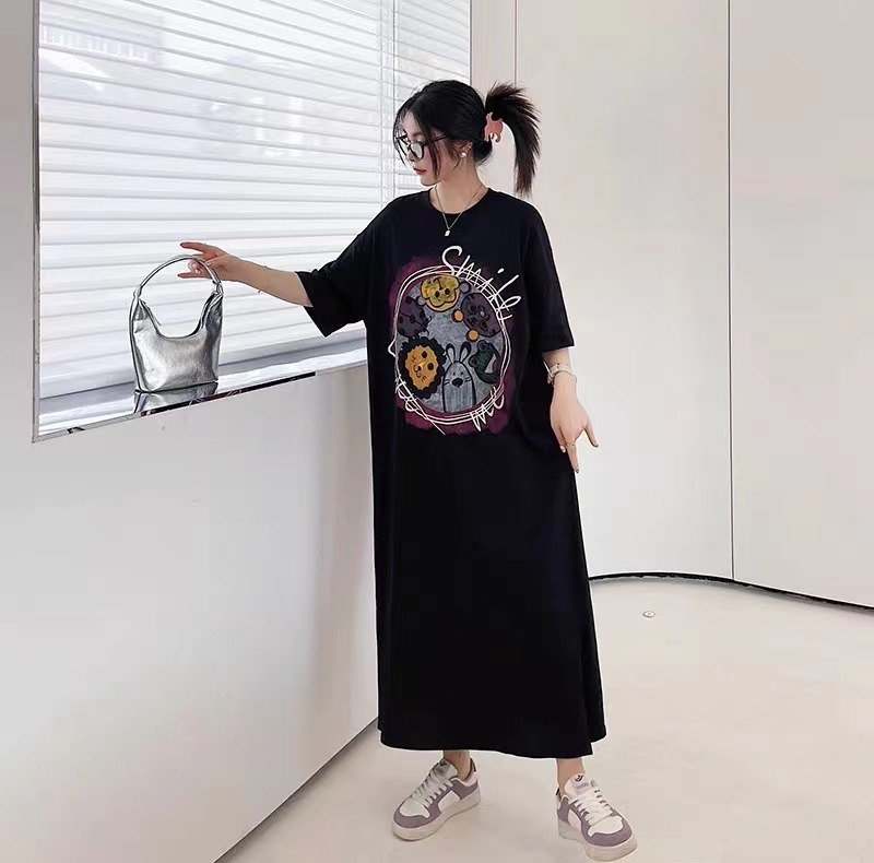 夏季慵懶可愛印花中長款開叉休閒寬鬆百搭ins風裙子