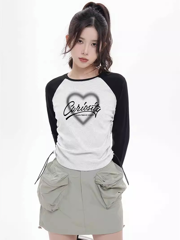 Rain Bubbles~American Raglan Sleeve Long Sleeve T-shirt Women's Spring Contrast Color Drawstring Hot Girl Short Right Shoulder Sweet and Spicy Top