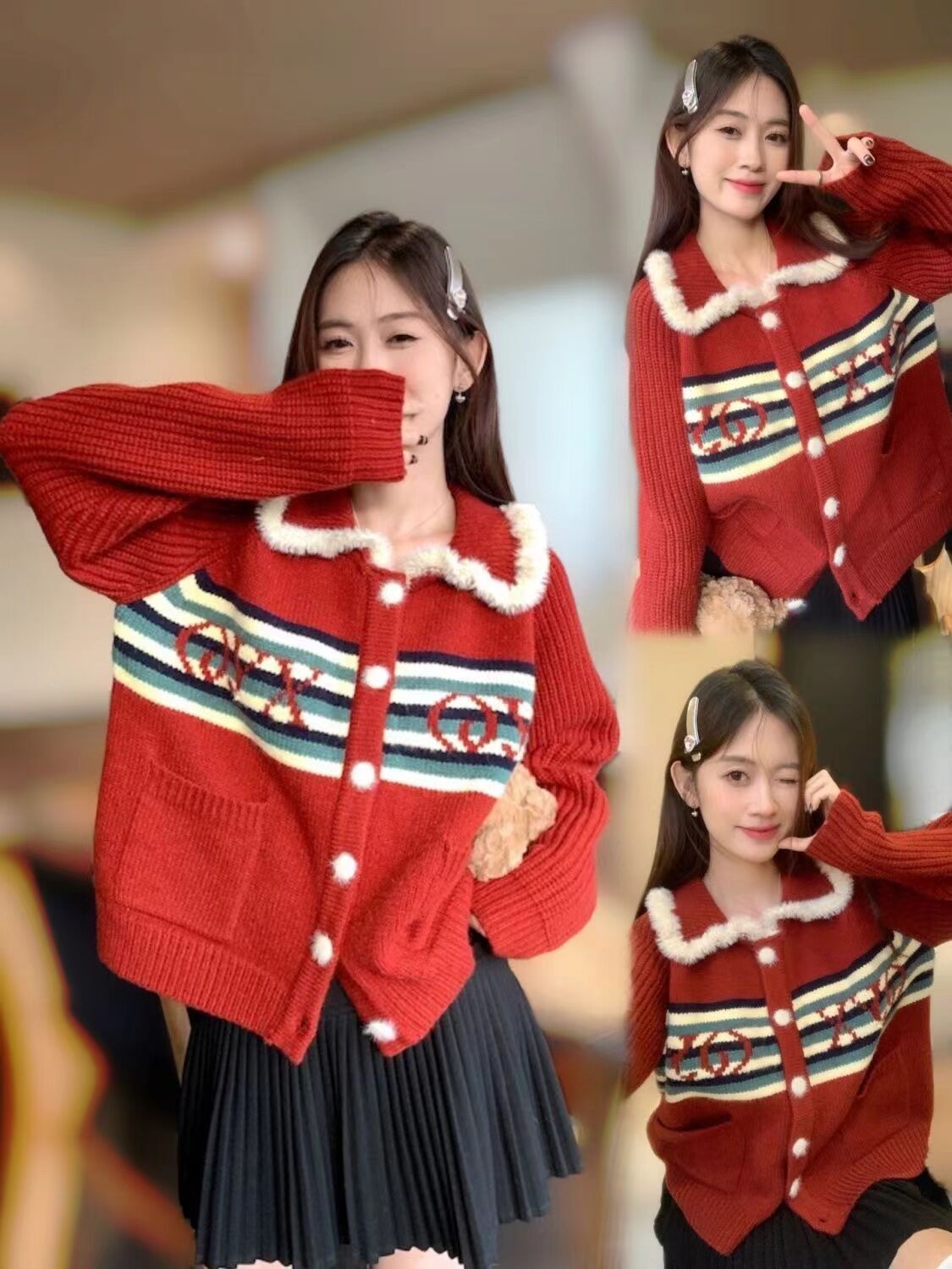 Retro lazy style lapel petite short stylish knitted cardigan fashionable age-reducing Christmas and New Year red sweater