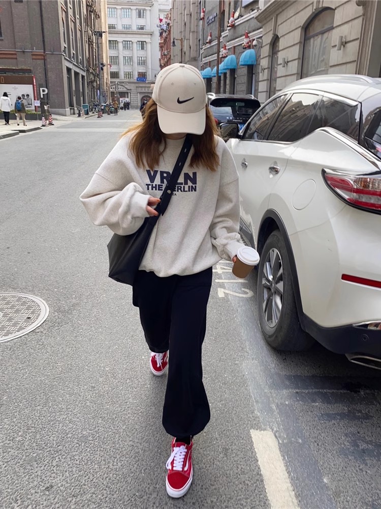 Off-white round neck sweatshirt for women autumn and winter new niche high street brand American fleece top