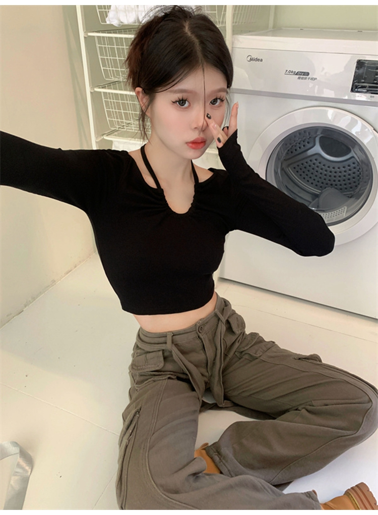 新款純欲風V領掛脖長袖T恤女春季設計感修身打底衫性感上衣潮