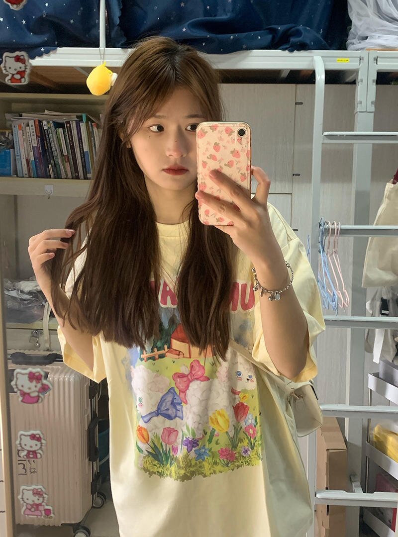 高品質純棉卡通短袖t恤女夏季oversize學院風小眾寬鬆五分袖上衣