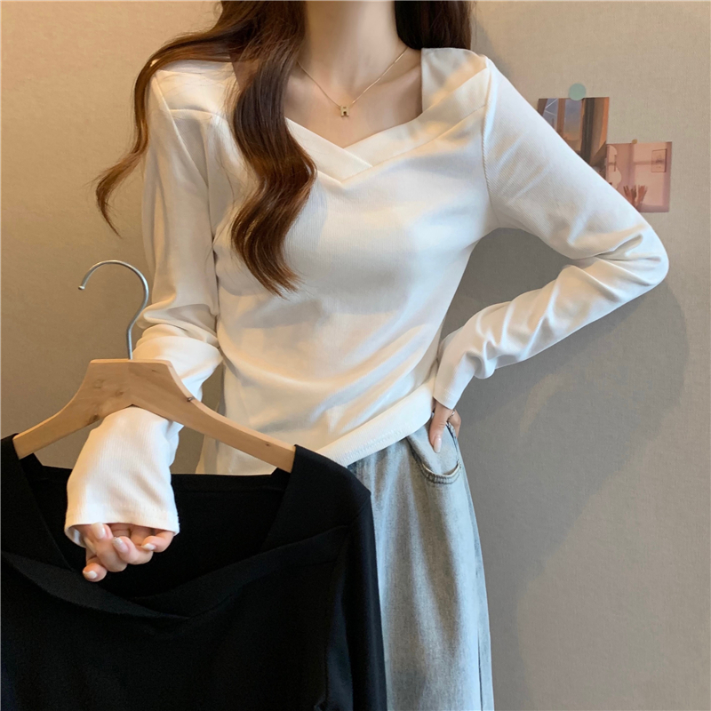 V領德絨打底衫女春秋洋氣修身內搭長袖T恤純色顯瘦ins潮韓版上衣