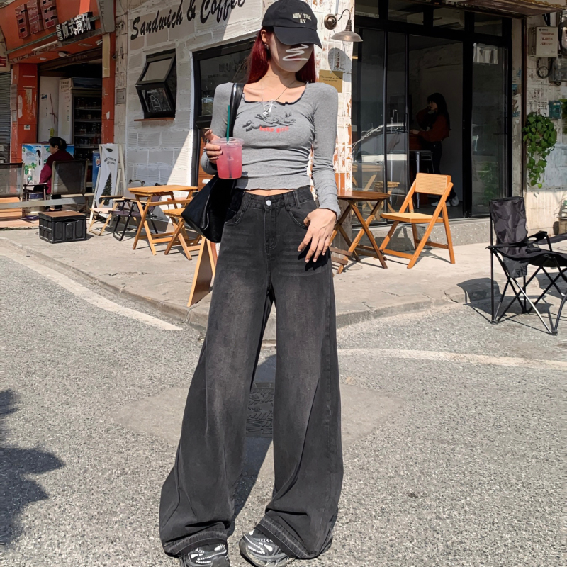 實拍 復古黑灰闊腿牛仔褲女寬鬆2024年春季新款潮高腰顯瘦拖地褲