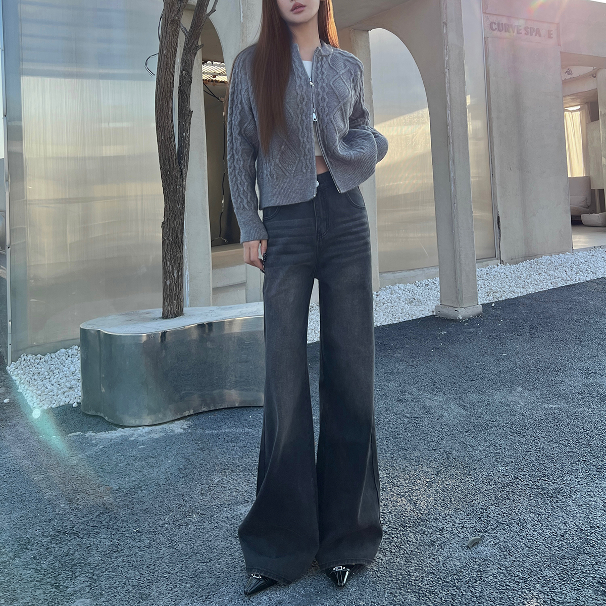 實拍 水洗黑灰高腰闊腿牛仔褲女美式復古高街顯瘦垂感拖地直筒褲