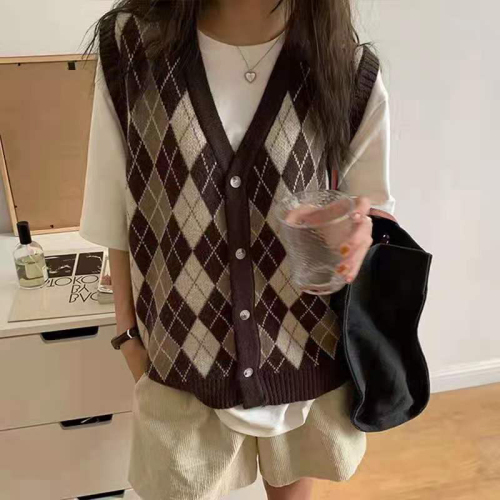 New Korean style simple casual diamond knitted vest cardigan V-neck vest back