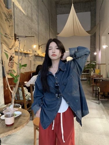 Real shot of autumn new French blue denim shirt shirt jacket + casual wide-leg pants two-piece set