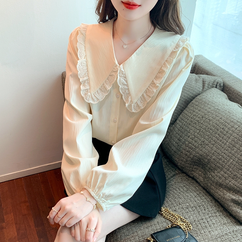 娃娃領襯衫女2024早春設計感小眾百搭復古氣質翻領長袖襯衣秋季