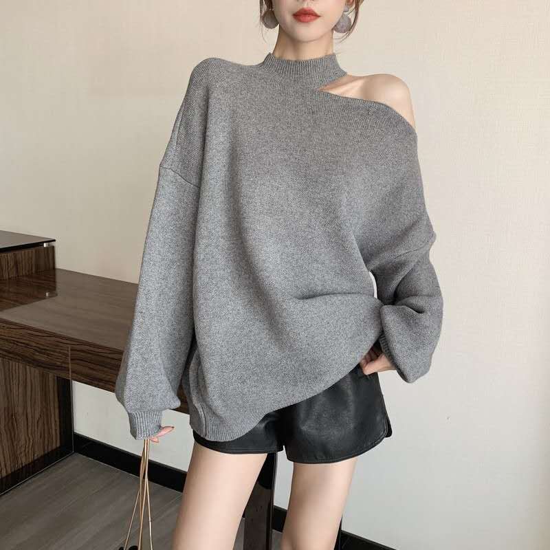 Korean off-shoulder halter neck sweater new style irregular internet celebrity temperament top and black shorts set