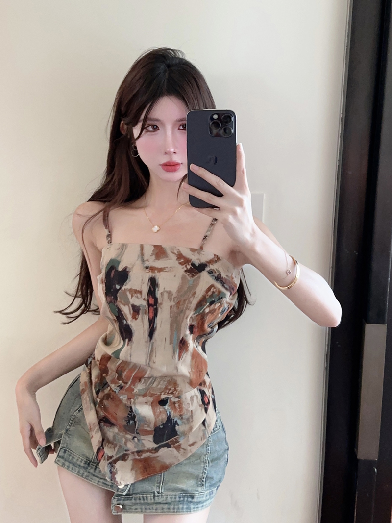 實拍 高級感復古扎染印花小吊帶外穿不規則背心辣妹性感上衣