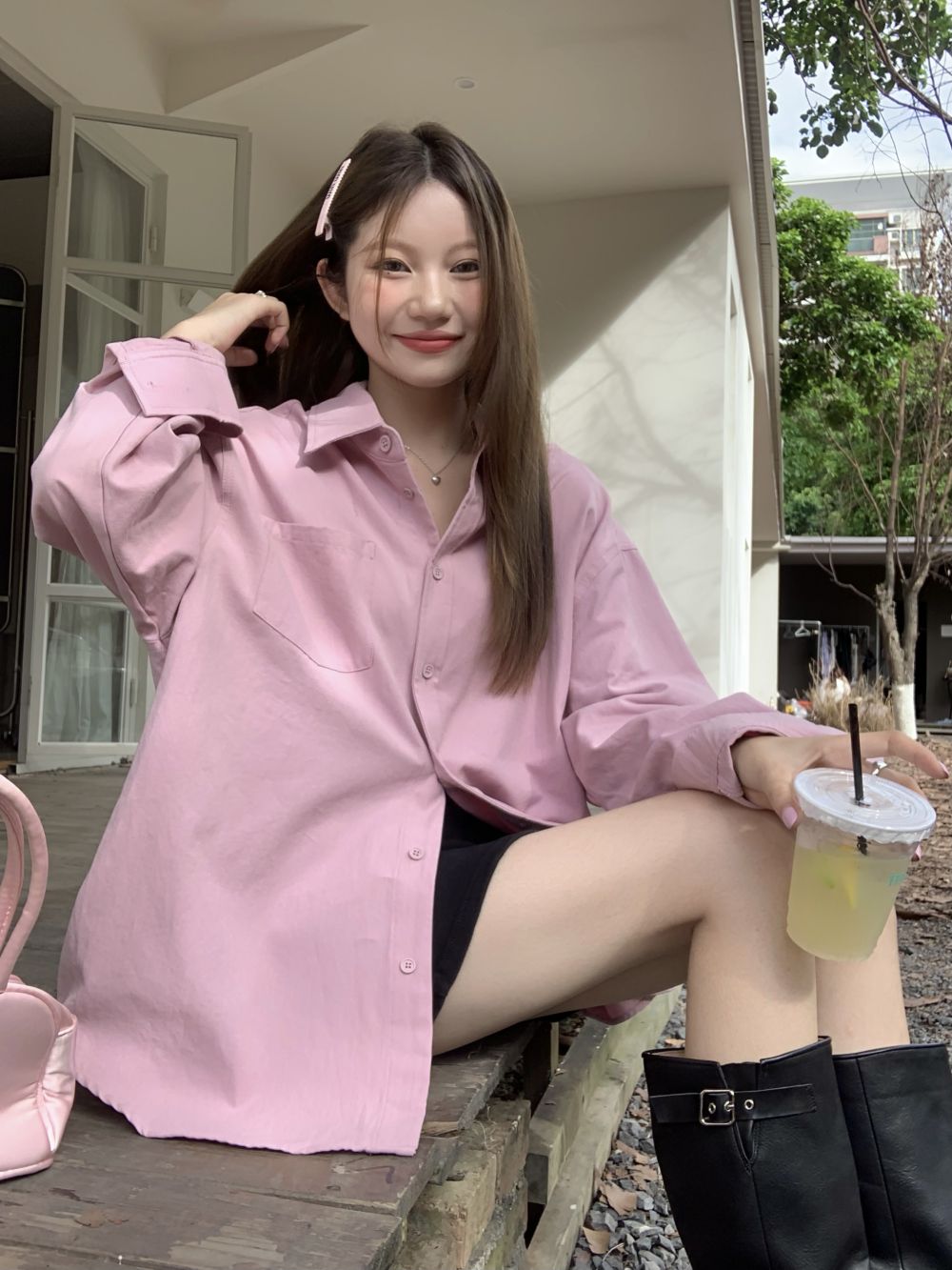 Actual shot of three standards for small people, loose and lazy French stand-up collar, early autumn age-reducing long-sleeved inner and outer shirt